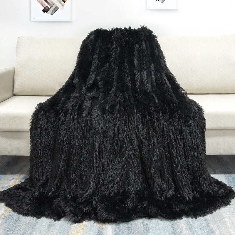 Tuddrom Decorative Extra Soft Faux Fur Blanket Twin Size 70" x78",Reversible Fuzzy Lightweight Long Hair Shaggy Fleece Blanket,Fluffy Cozy Plush Comfy Microfiber Throw Blanket for Couch Sofa Bed,Black - Image 2